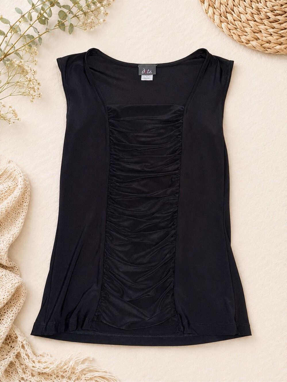 Dots Women’s Black Ruched Front Sleeveless Top Size Small